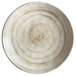 A white Elite Global Solutions melamine plate with a taupe spiral design.
