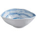 A white oval melamine bowl with blue stripes.