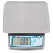 An Edlund stainless steel digital portion scale on a counter with a digital display.