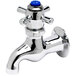 A chrome T&S mop sink faucet with blue index and 4 arm handle.