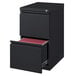 A black Hirsh Industries mobile pedestal letter file cabinet with a drawer open and files inside.