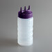 A Vollrath Tri Tip clear plastic squeeze bottle with a purple cap.