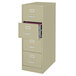 A Hirsh Industries putty vertical file cabinet with four drawers, one open.