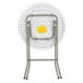 A white Lancaster Table & Seating round plastic folding table with metal bars on the legs and a yellow sticker on the bottom.