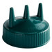 A Vollrath green plastic Tri Tip wide mouth bottle cap with three pointy tips.