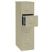 A Hirsh Industries putty vertical legal file cabinet with a drawer open.