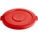 A red plastic lid for a Lavex 44 gallon commercial trash can.