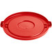 A red plastic lid for a Lavex 44 gallon round trash can with a handle.