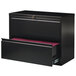 A black Hirsh Industries two-drawer lateral file cabinet.