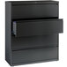 A charcoal Hirsh Industries lateral file cabinet with four drawers, one open.