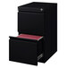 A black Hirsh Industries mobile pedestal letter file cabinet with an open drawer full of files.