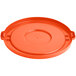An orange plastic lid for a Lavex 32 gallon commercial trash can.