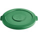 A green plastic lid for a Lavex 44 gallon round commercial trash can.
