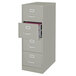 A gray Hirsh Industries vertical legal file cabinet with four drawers, one open.