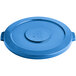 A blue plastic lid for a Lavex 44 gallon commercial trash can.