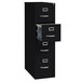 A black Hirsh Industries vertical filing cabinet with three open drawers.