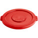 A red plastic lid for a Lavex 20 gallon round trash can.