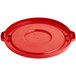 A red plastic lid for a Lavex 20 gallon round container.