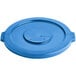 A blue plastic lid with a metal handle for a Lavex 20 gallon round trash can.
