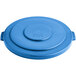 A blue plastic lid for a Lavex 55 gallon round trash can.