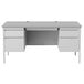 A gray double pedestal desk with two drawers.