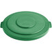 A green plastic lid for a Lavex 55 gallon commercial trash can.