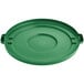 A green plastic lid for a Lavex 55 gallon commercial trash can with a circle handle.