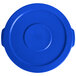 A close-up of a blue plastic Lavex trash can lid.