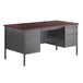 A charcoal and mahogany Hirsh Industries double pedestal desk with two drawers.