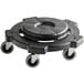 A black plastic dolly with wheels attached to a black round plastic container with a black lid.