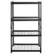 A black metal Hirsh Industries boltless shelving unit with wire decking on four shelves.