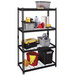A black metal Hirsh Industries boltless shelving unit with wire decking holding various cleaning supplies.
