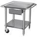An Advance Tabco stainless steel mobile mixer table with a galvanized undershelf on wheels.