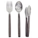 A close-up of American Metalcraft wavy stainless steel salad utensils with fork and spoon handles.