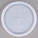 A Cambro translucent plastic lid with a white cross and text.