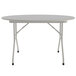 A gray round folding table with a gray frame.