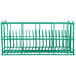 A green metal rack with 20 compartments and metal bars.