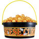 A white plastic bucket filled with cheese curds with a handle.