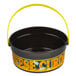 A black plastic bucket with a yellow handle and yellow text.