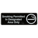 A black sign with white text that says "Smoking Permitted In Designated Areas Only"