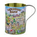 A 32 oz. metal Mountain Brew tin mug with a handle and a cartoon of people and animals.
