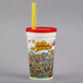 A white plastic "Fun at the Fair" cup with a red lid and straw decorated with a cartoon.