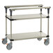 A Metro stainless steel two tier cart with wheels.