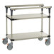 A Metro stainless steel PrepMate MultiStation cart with two shelves and wheels.