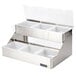 A San Jamar stainless steel condiment bar with split notched lids and two tiers holding six plastic compartments.