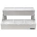 A white rectangular San Jamar condiment bar with split notched lids over six compartments.