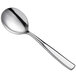A stainless steel round bowl soup spoon with a silver handle.