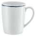 A white mug with a blue rim.