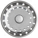 A silver stainless steel circular strainer with holes.
