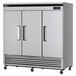A large silver Turbo Air reach-in freezer with two solid doors.